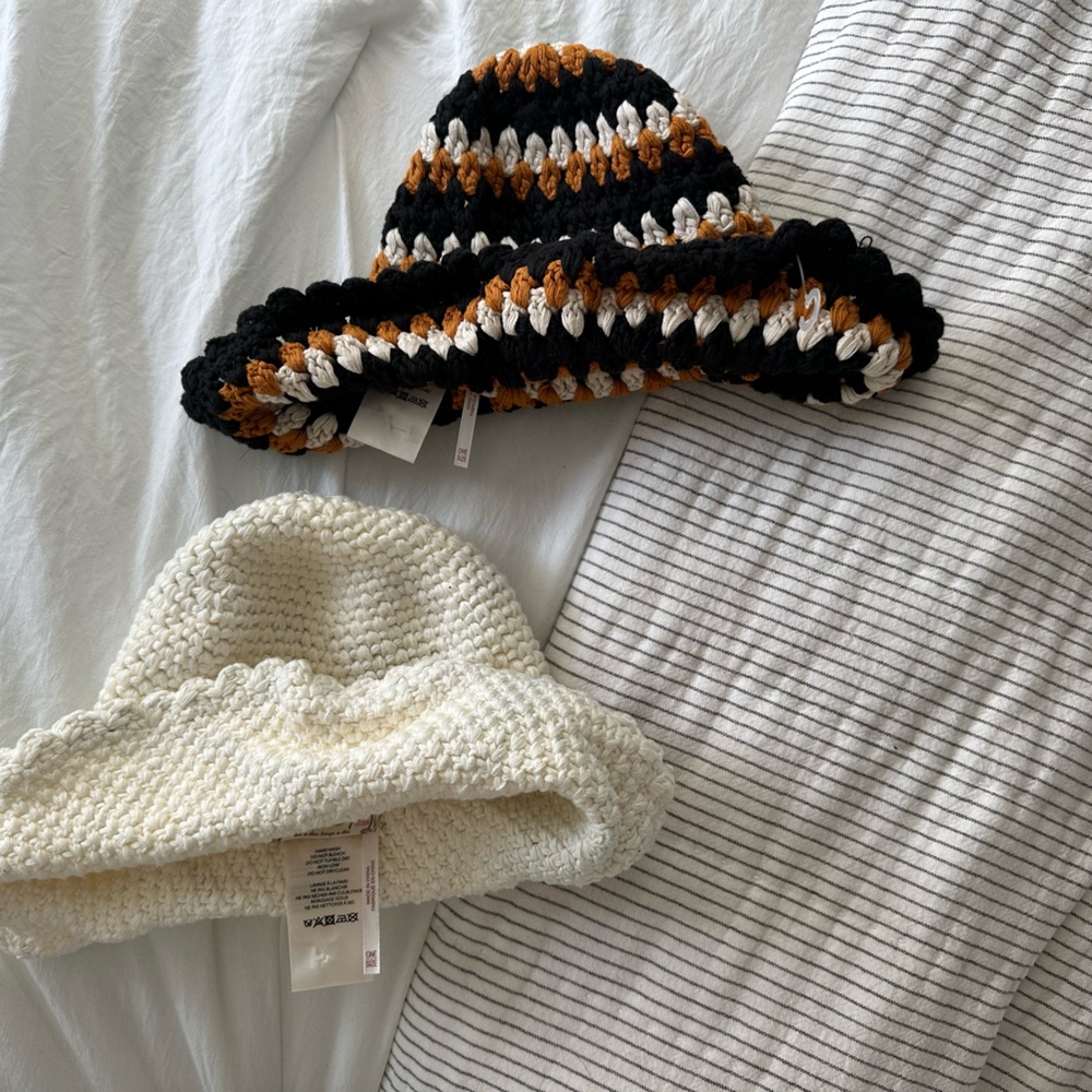 FREE PEOPLE NWOT crotchet bucket hats (2). White and Multi colored.